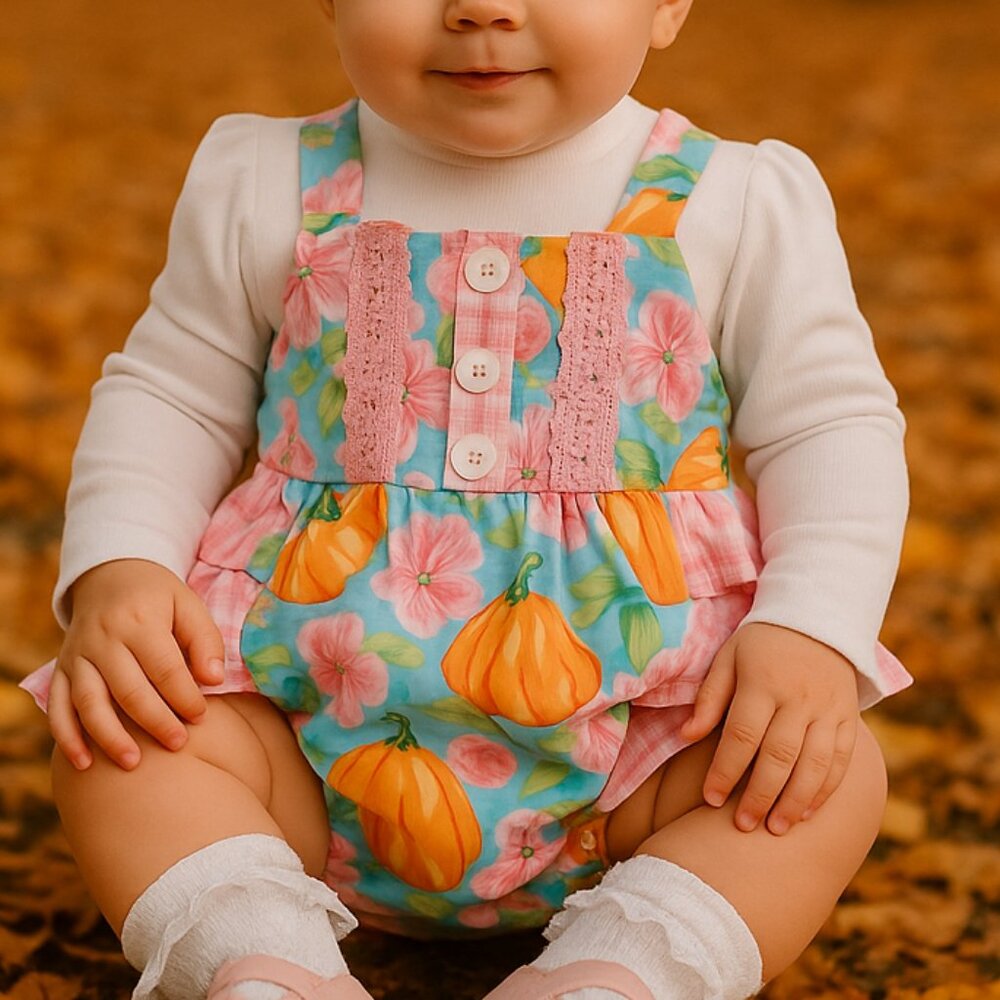 Ricrac‎ & Ruffles Baby Girl Pumpkin Floral Bubble Romper Size 3-6M Thanksgiving